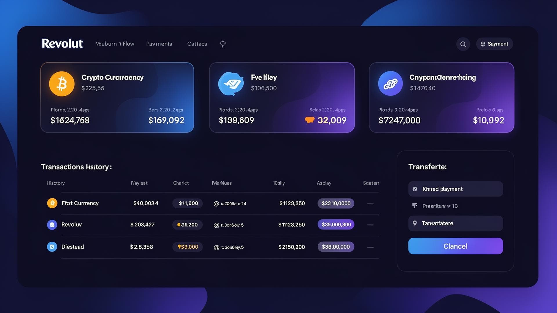 Modern fintech dashboard showing crypto and fiat currency management